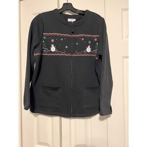 Breckenridge Woman 1X Christmas Zip Up Jacket Black Snowman Holiday EUC